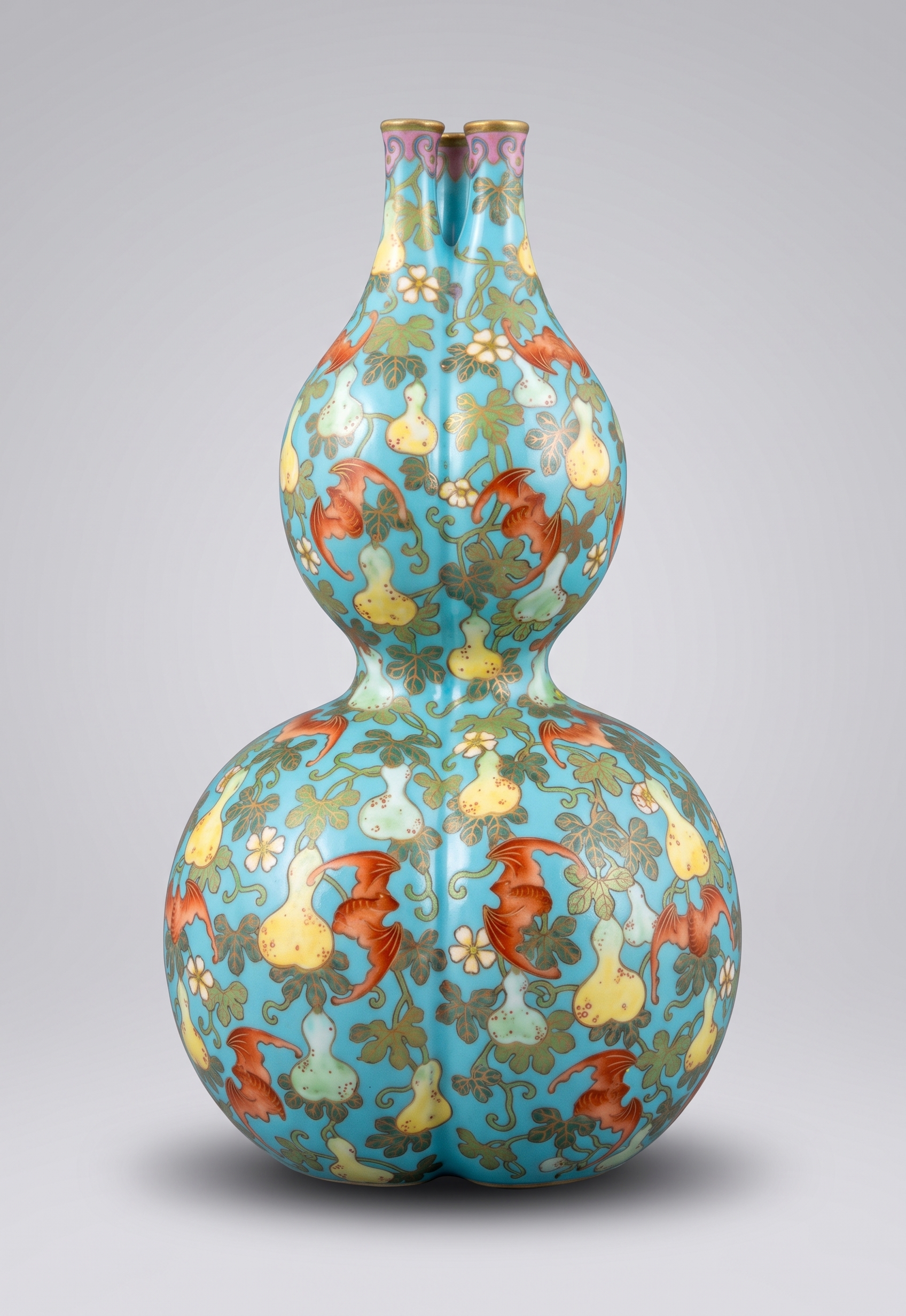 Turquoise-ground famille rose double gourd-form triple-necked vase, Qianlong period